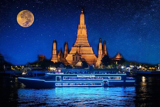 Bangkok Manohra Cruise Sunset Dining on Chao Phraya River - Wat Arun and the temple-lined river